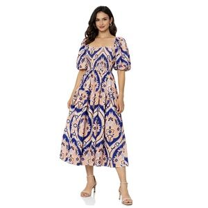 Moon River, Anthropologie NWT Blue & Peach Smocked Midi Dress, Size M